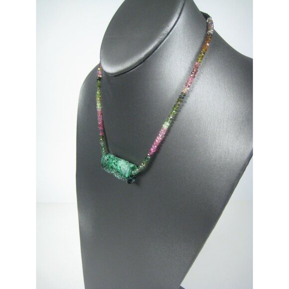 Tourmaline Faceted Bead Necklace Carved Jade Pendant Sterling Silver Clasp 18 In - Picture 10 of 13